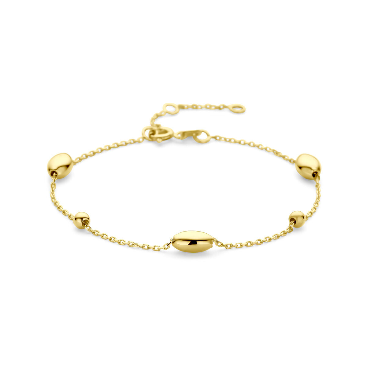 Armband van 14K geelgoud met een schakeling van ovaaltjes en bolletjes, verstelbaar van 16 tot 19 cm.