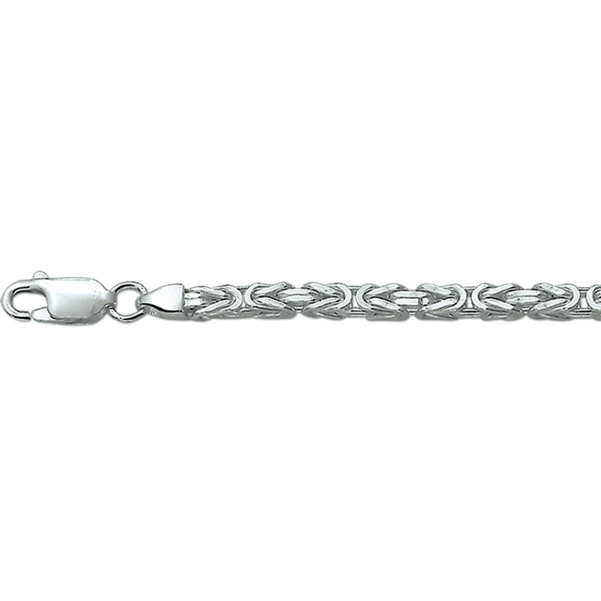 Een close-up van de Van der Kooij Collectie konings 3,0 mm zilveren gerhodineerd ketting met de ingewikkeld geweven schakels en het rhodium-geplateerde karabijnslot tegen een witte achtergrond.