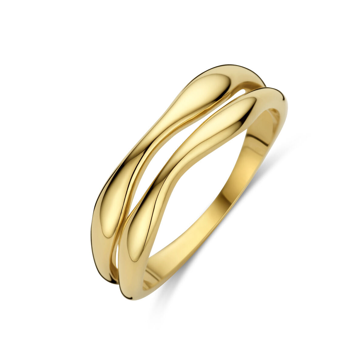 De Van der Kooij Collectie ring 14K geelgoud is een strakke gouden damesring met twee gouden, parallelle banden in een modern, minimalistisch ontwerp. De ring is gefotografeerd op een witte achtergrond.