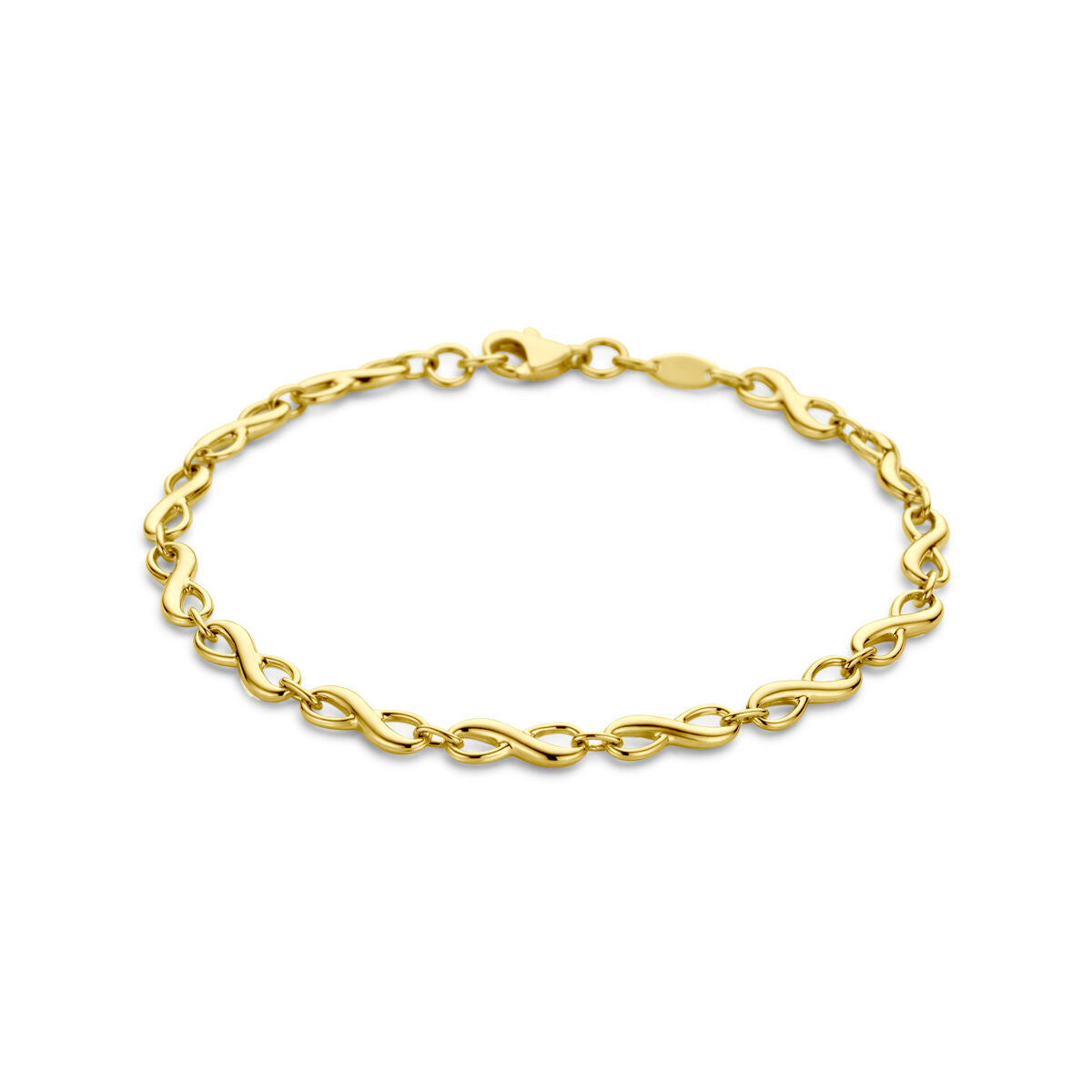 De Gouden armband dames infinity 14K van de Van der Kooij Collectie heeft een in elkaar grijpend infinity schakelpatroon en stevige kreeftsluiting, ideaal als tijdloos vriendschapssieraad op witte achtergrond.