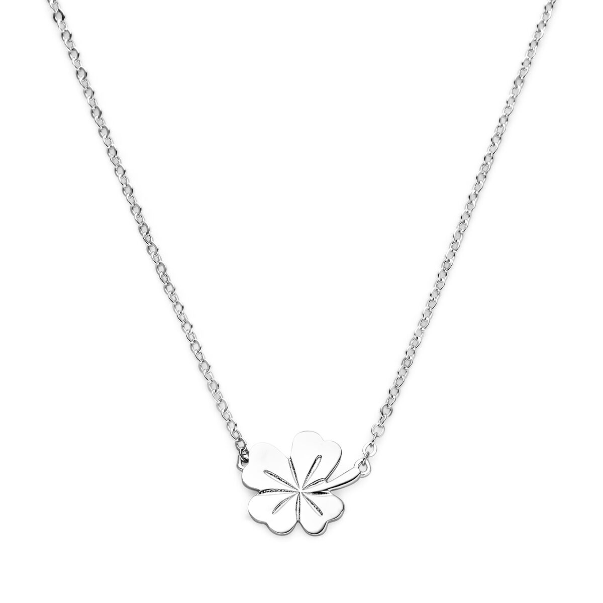 Zilveren gerhodineerd collier met een klaverblad hanger, lengte 41 + 4 cm.