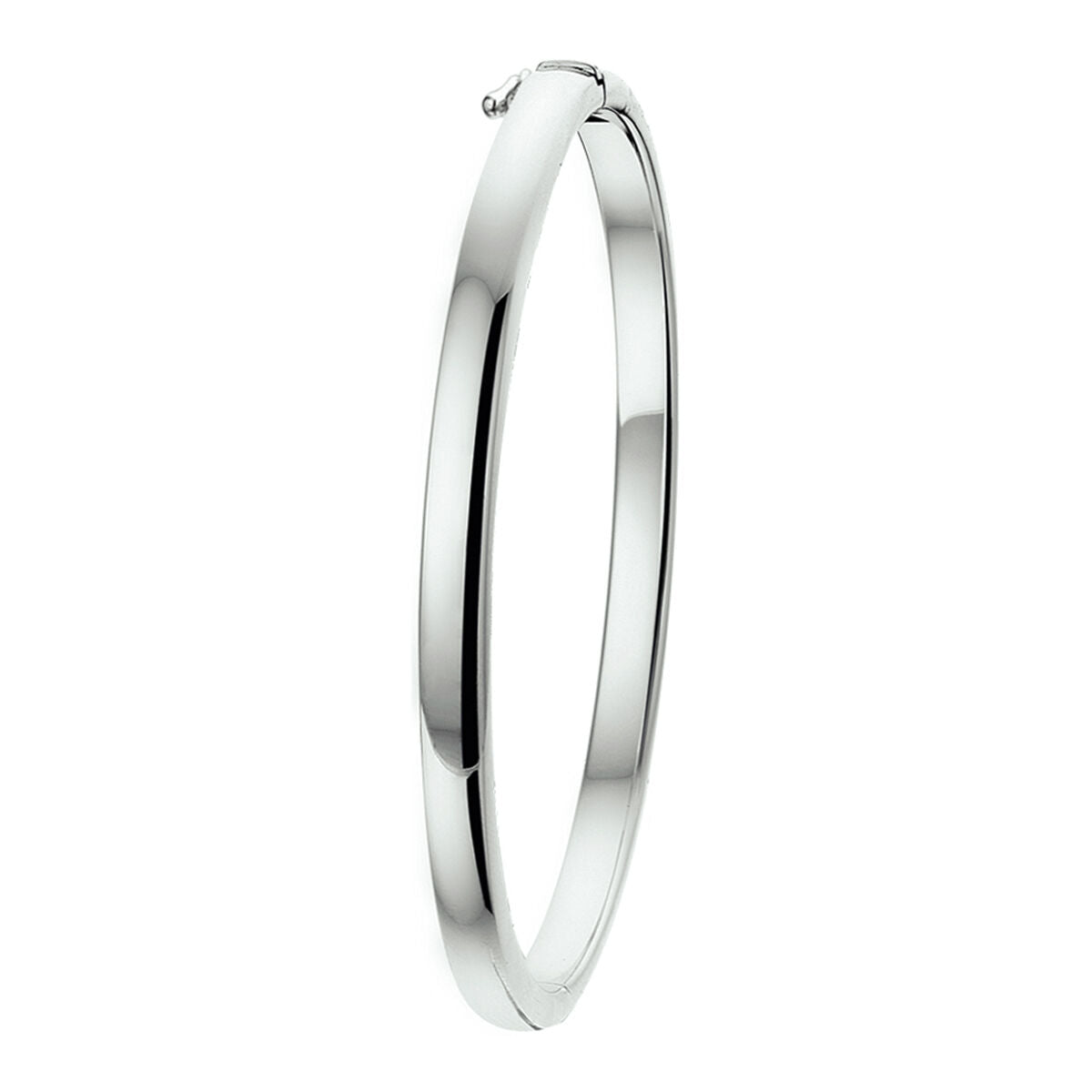 Een enkelvoudige bangle scharnier 4 mm bolle buis zilver gerhodineerd door Van der Kooij Collectie, met een glad, glanzend gerhodineerd zilveren oppervlak en een scharniersluiting, tegen een effen witte achtergrond.