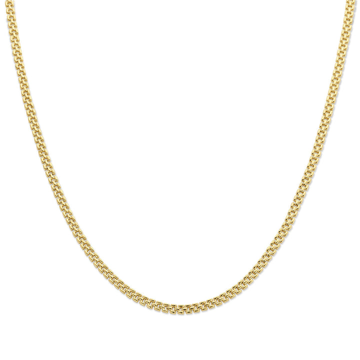 De Van der Kooij Collectie collier panter 5 mm 43 cm in 14K geelgoud heeft een klassiek, eenvoudig ontwerp met een veilige karabijnsluiting, weergegeven op een witte achtergrond.