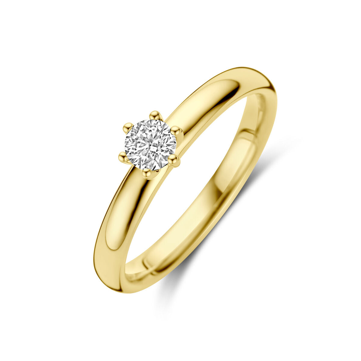 Geelgouden aanzoeksring met een ronde diamant van 0.25ct, gezet in een zes-punts zetting.