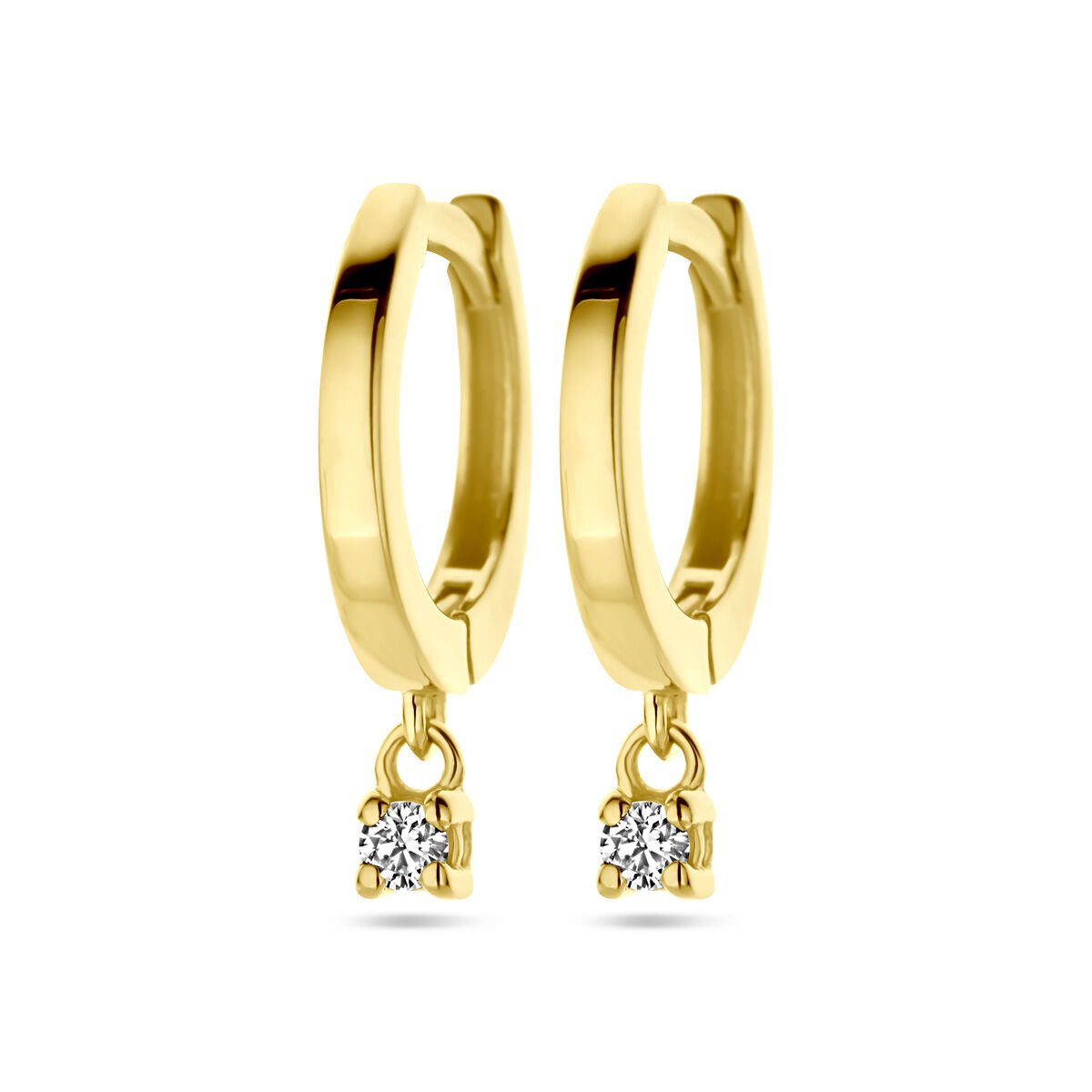 Klapoorringen van 14K geelgoud met twee diamanten van 0.03ct, hangend aan de ringen.