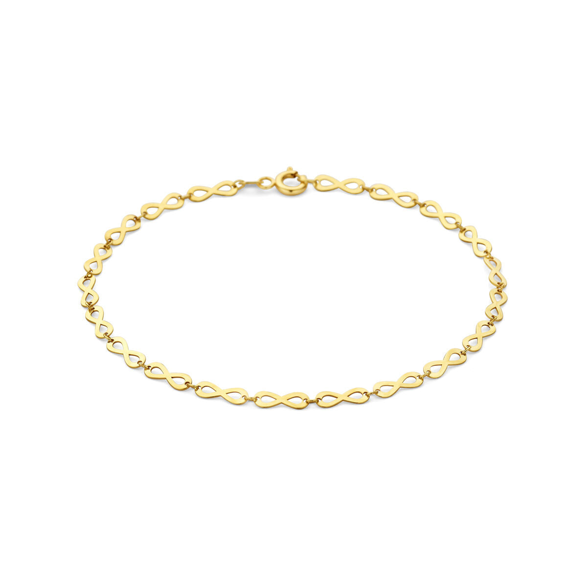 Geelgouden dames armband met infinity schakels in een soepele, verfijnde afwerking.