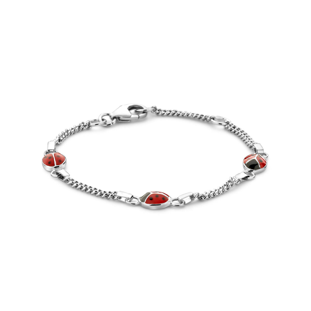 Zilveren gerhodineerde armband met lieveheersbeestje-details en schakels, lengte 11-13 cm.