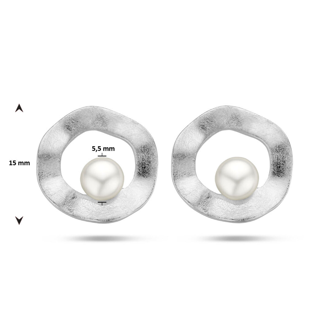 ear studs round pearl scratched silver rhodium plated