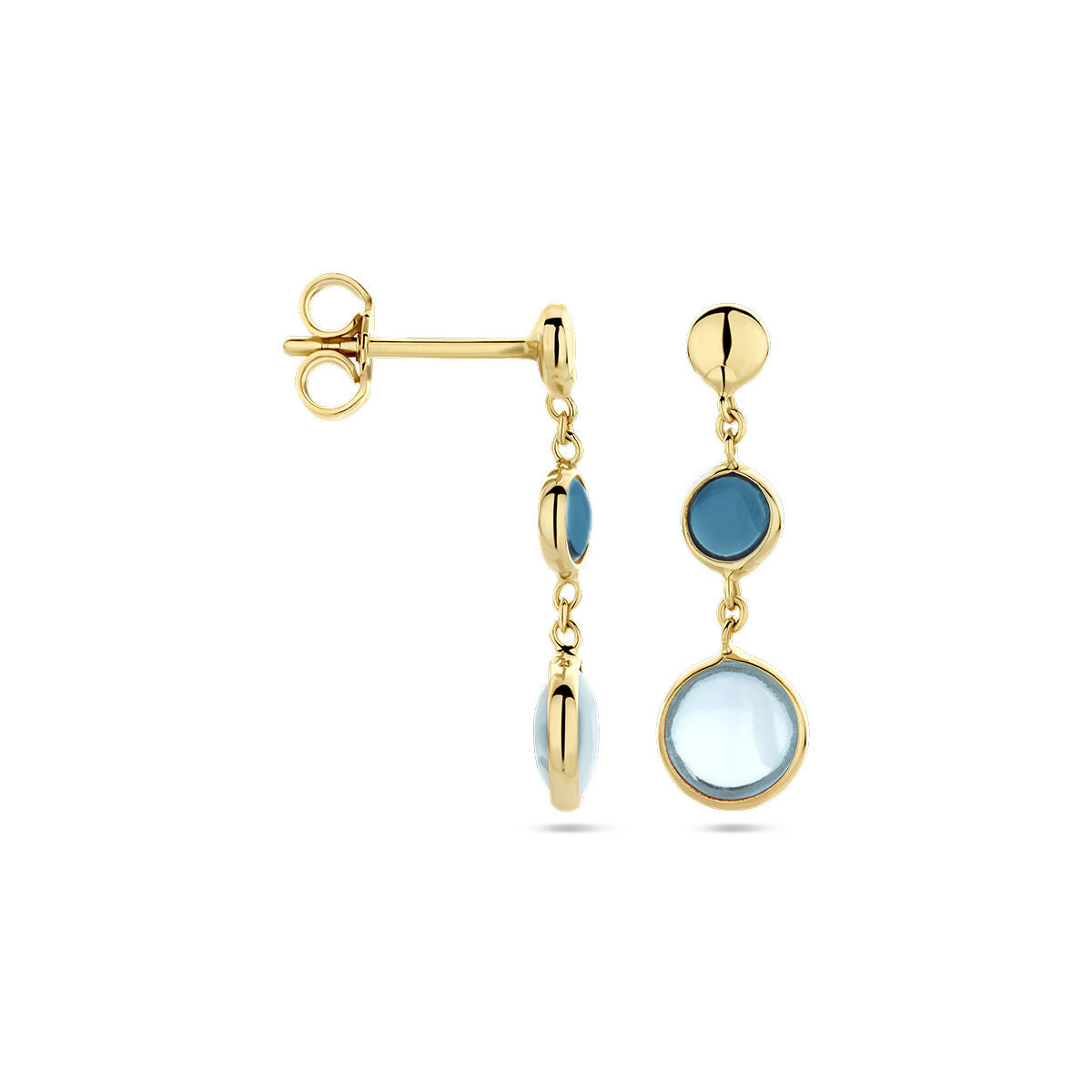 oorhangers blauw topaas en london blue topaas 14K geelgoud