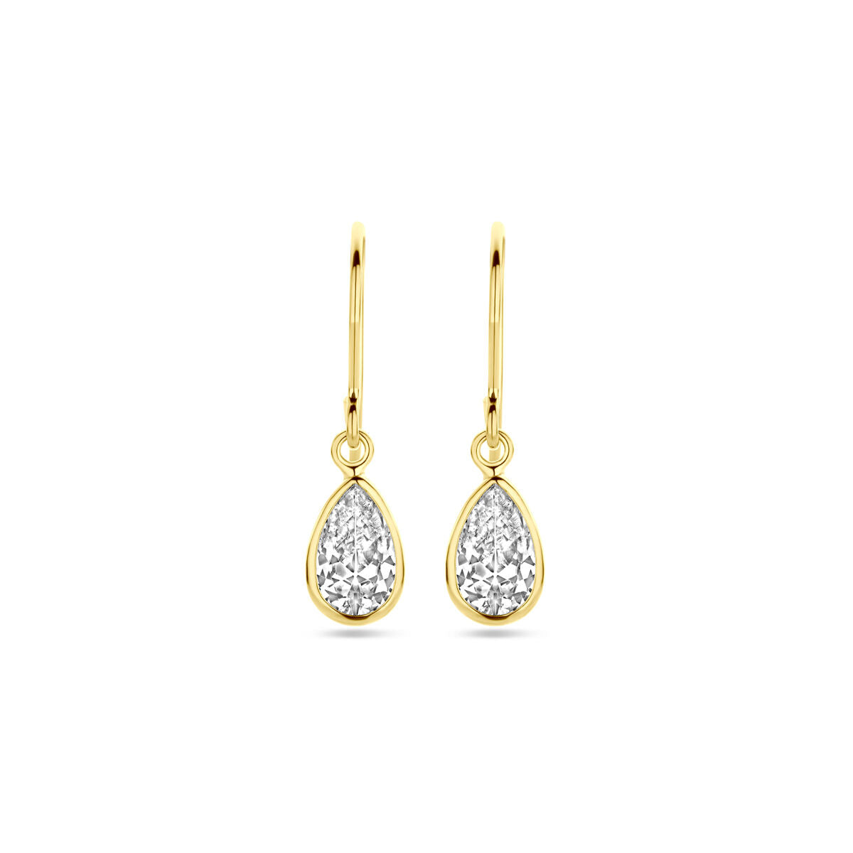 Van der Kooij Collectie oorhangers franse haak zirkonia 23 mm in 14K geelgoud: elegante oorbellen met druppelvormige zirkonia's in een gouden zetting, hangend aan fijne haken, gebruikelijk op een witte achtergrond.
