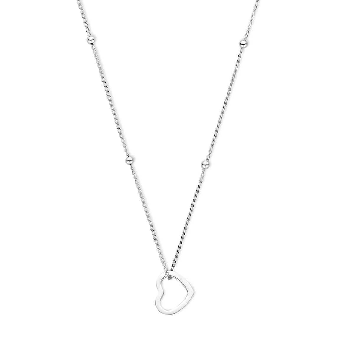 Zilveren gerhodineerd collier met een hartje als hanger, voorzien van een schakelkettinkje.
