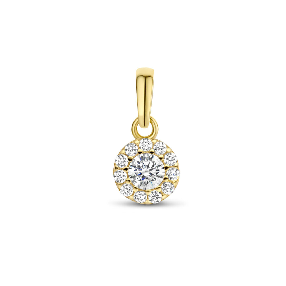 Hanger van 14K geelgoud met een centrale zirkonia omringd door een halo van kleinere zirkonia's.