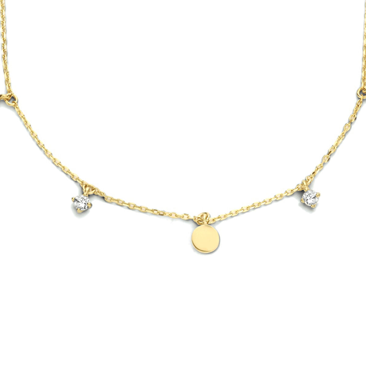 Collier van 14K geelgoud met ronde schijf en zirkonia, verstelbaar van 40 tot 44 cm.