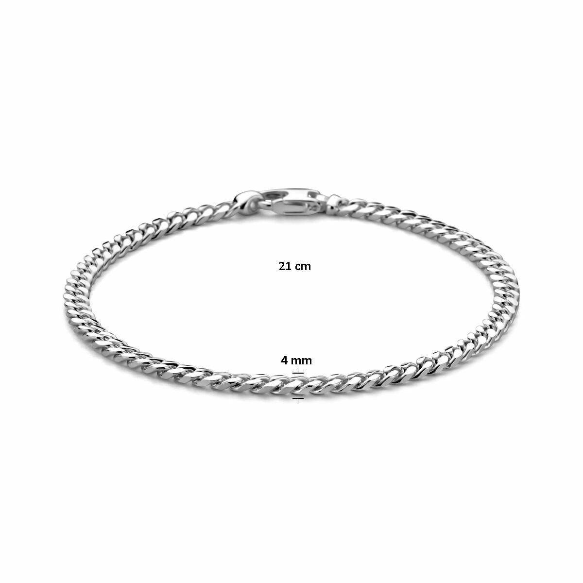 De Van der Kooij Collectie armband gourmette, 4,0 mm breed en 21 cm lang, is een zilveren herenarmband met karabijnsluiting en 4-zijdes geslepen, afgebeeld op een witte achtergrond.
