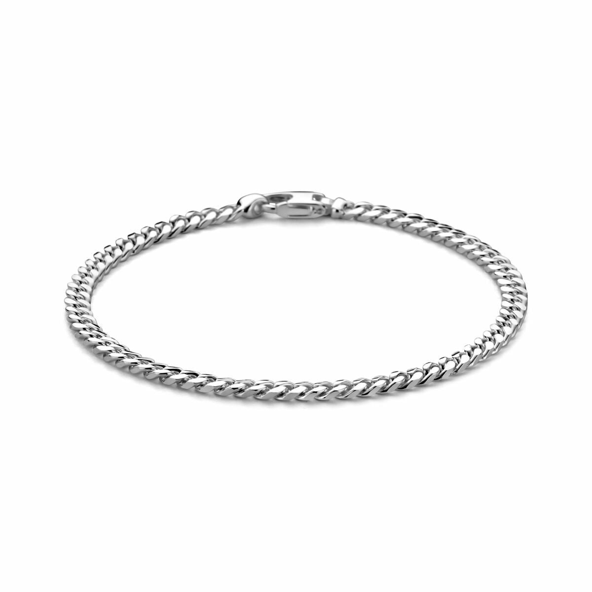 De Van der Kooij Collectie armband gourmette 4,0 mm 21 cm 4-zijdes geslepen zilver wit is een elegante zilveren armband met een karabijnsluiting, afgebeeld in een ronde vorm op een witte achtergrond.