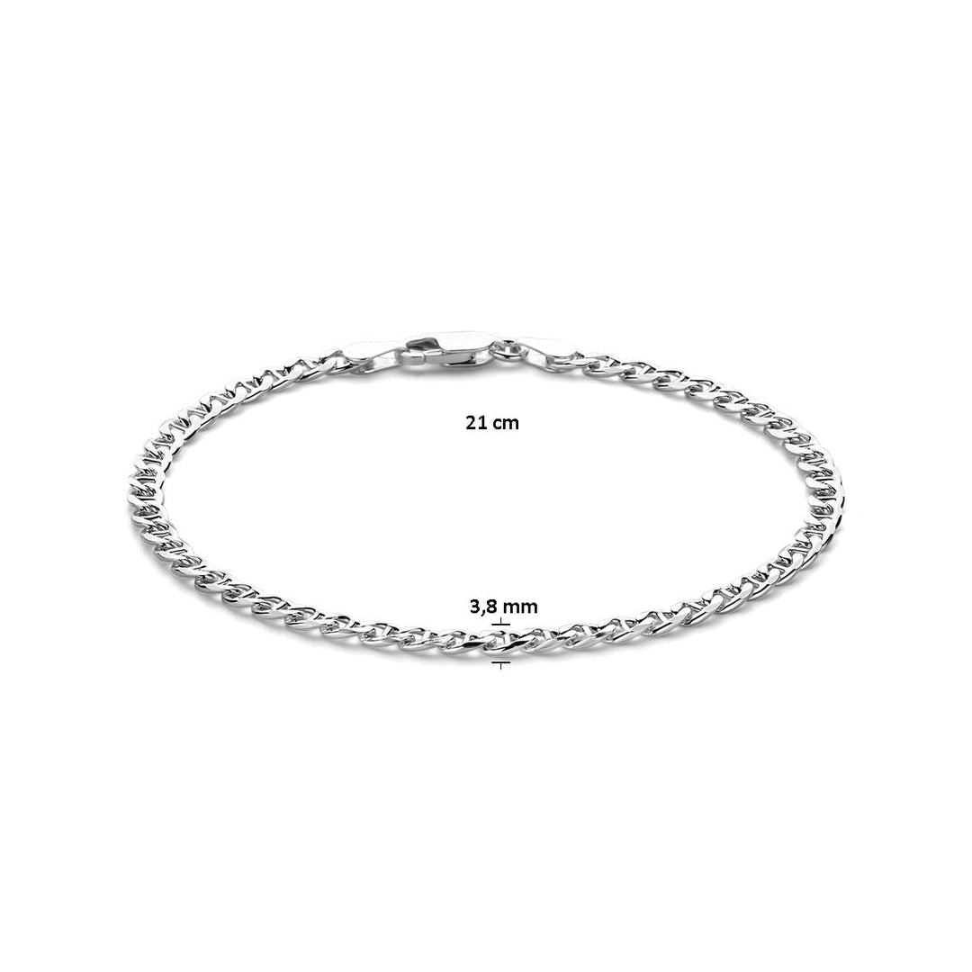 De Van der Kooij Collectie armband gourmette met balkje, 3,8 mm breed en 21 cm lang, uitgevoerd in zilver-wit, elegant gestyled in een cirkelvorm op een witte achtergrond.