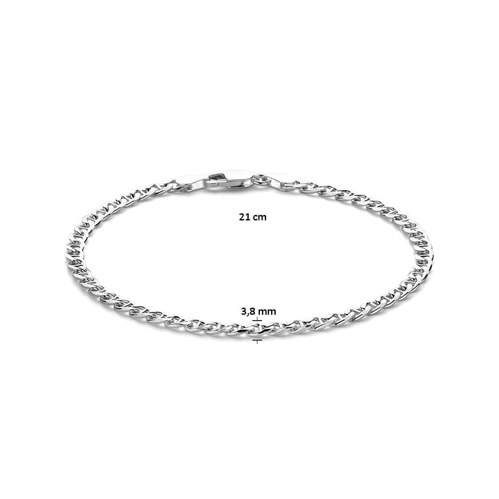 De Van der Kooij Collectie armband gourmette met balkje, 3,8 mm breed en 21 cm lang, uitgevoerd in zilver-wit, elegant gestyled in een cirkelvorm op een witte achtergrond.