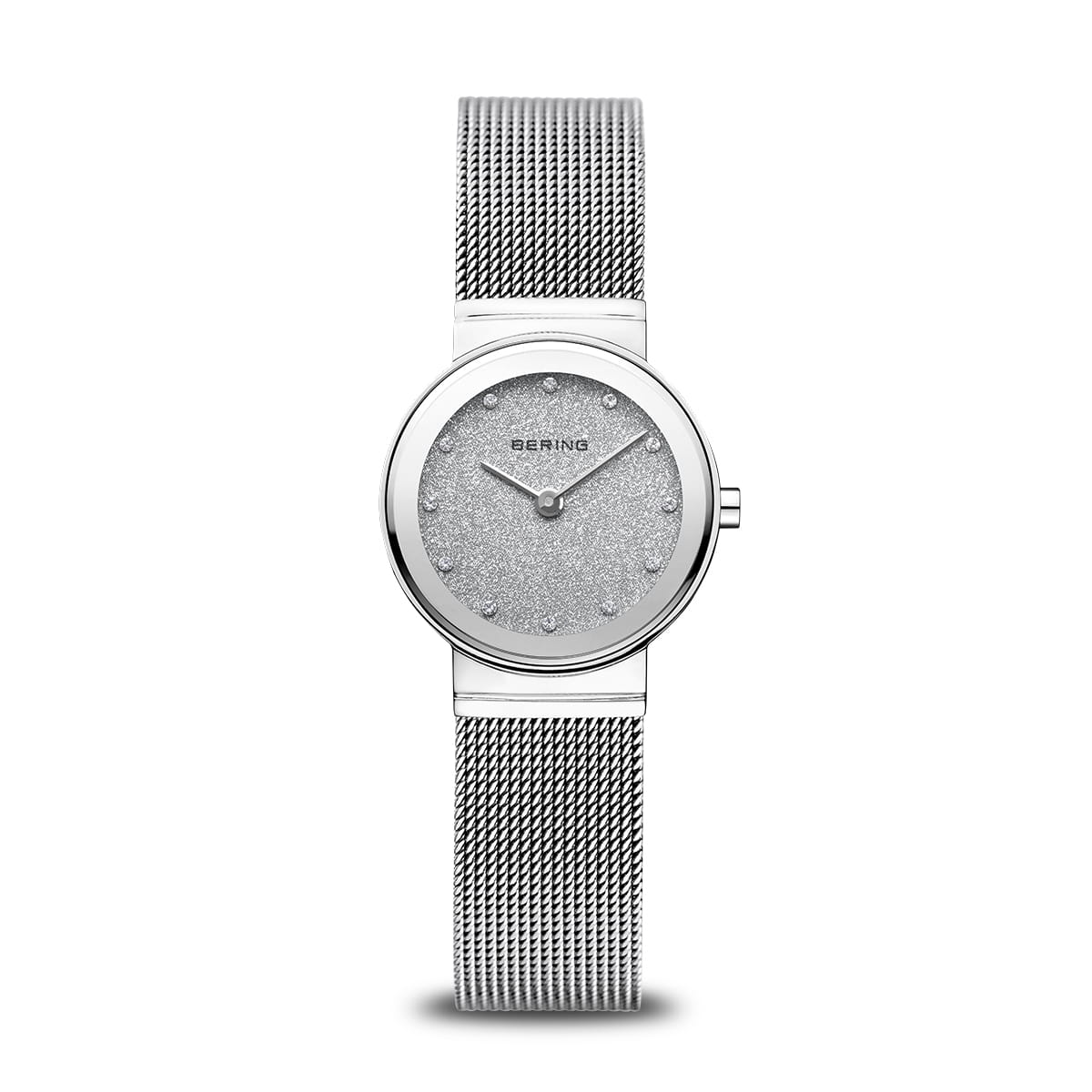 Zilveren dameshorloge met mesh-band en een glinsterende stardust wijzerplaat.