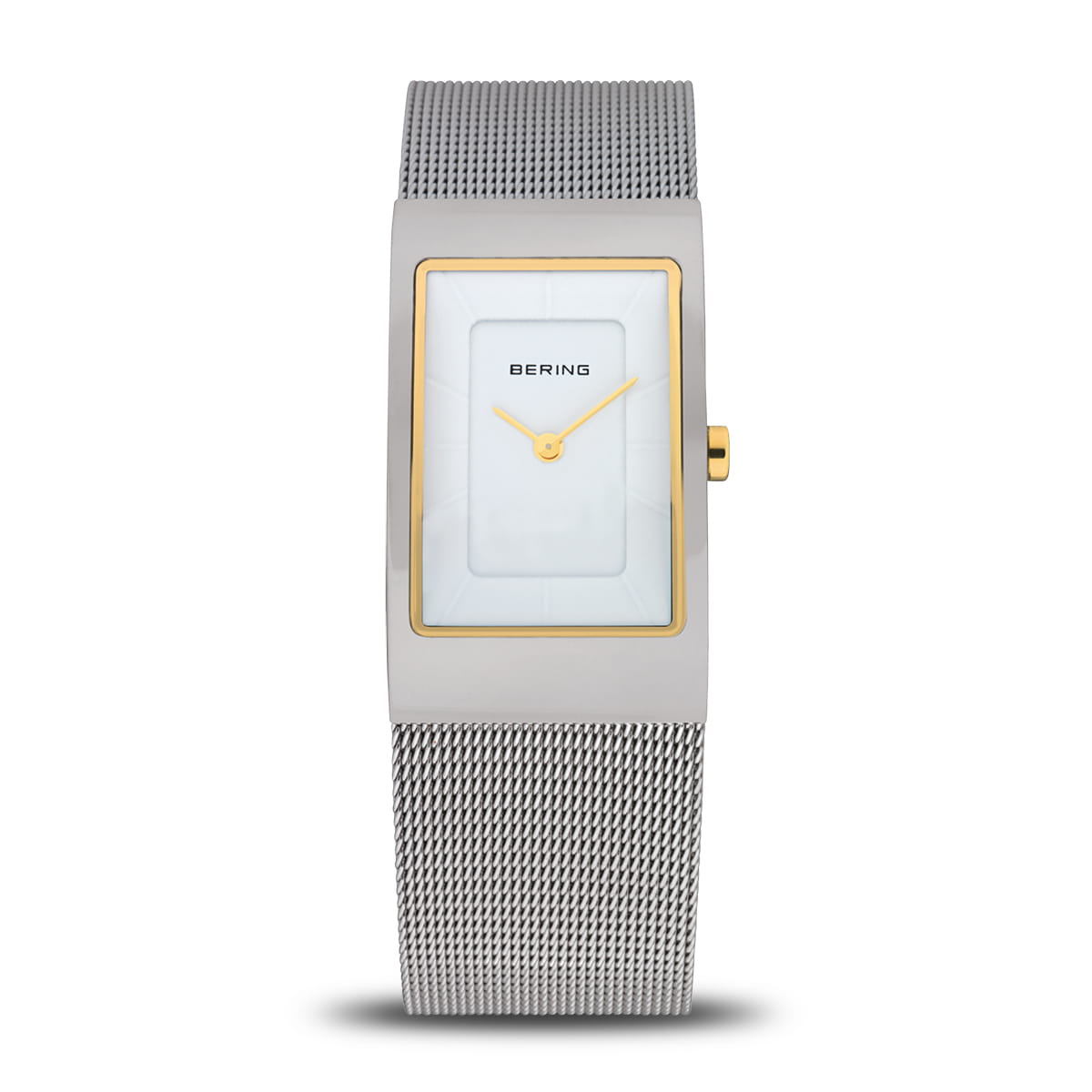 Dameshorloge met witte wijzerplaat, zilveren mesh-band en gouden accenten.