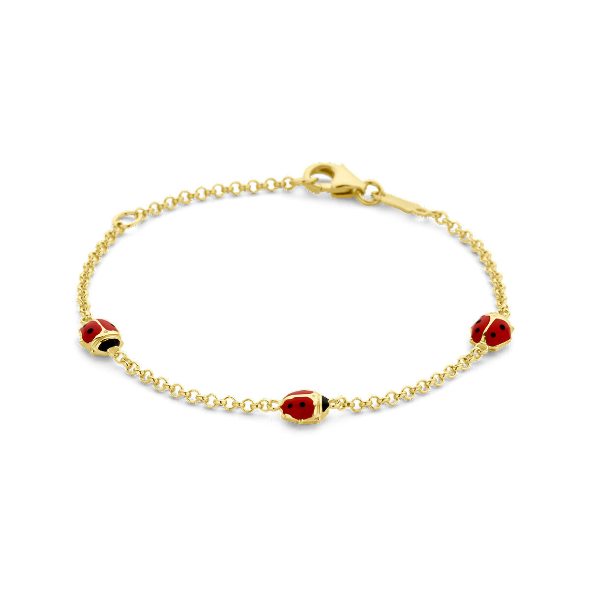 De Van der Kooij Collectie armband lieveheersbeestje 11-13 cm is een 14K geelgouden kinderarmband met drie kleine lieveheersbeestjes bedels en een stevige kreeft sluiting.