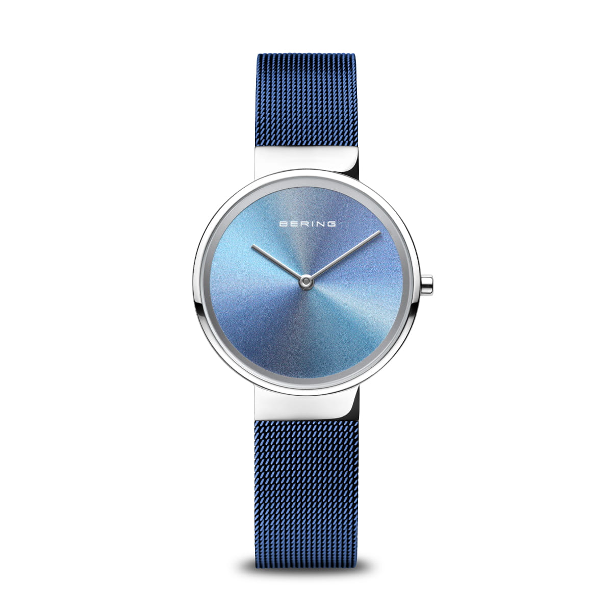 Dameshorloge met een veelkleurige wijzerplaat in blauw en een metalen mesh-band.