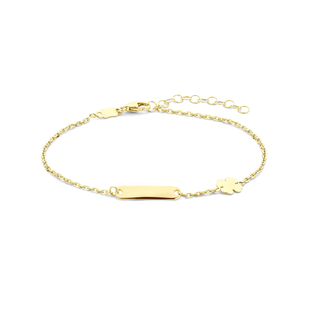 Graveerarmband van 14K geelgoud met klavervormige hanger en een plaat van 3,5 mm, verstelbaar van 16 tot 19 cm.