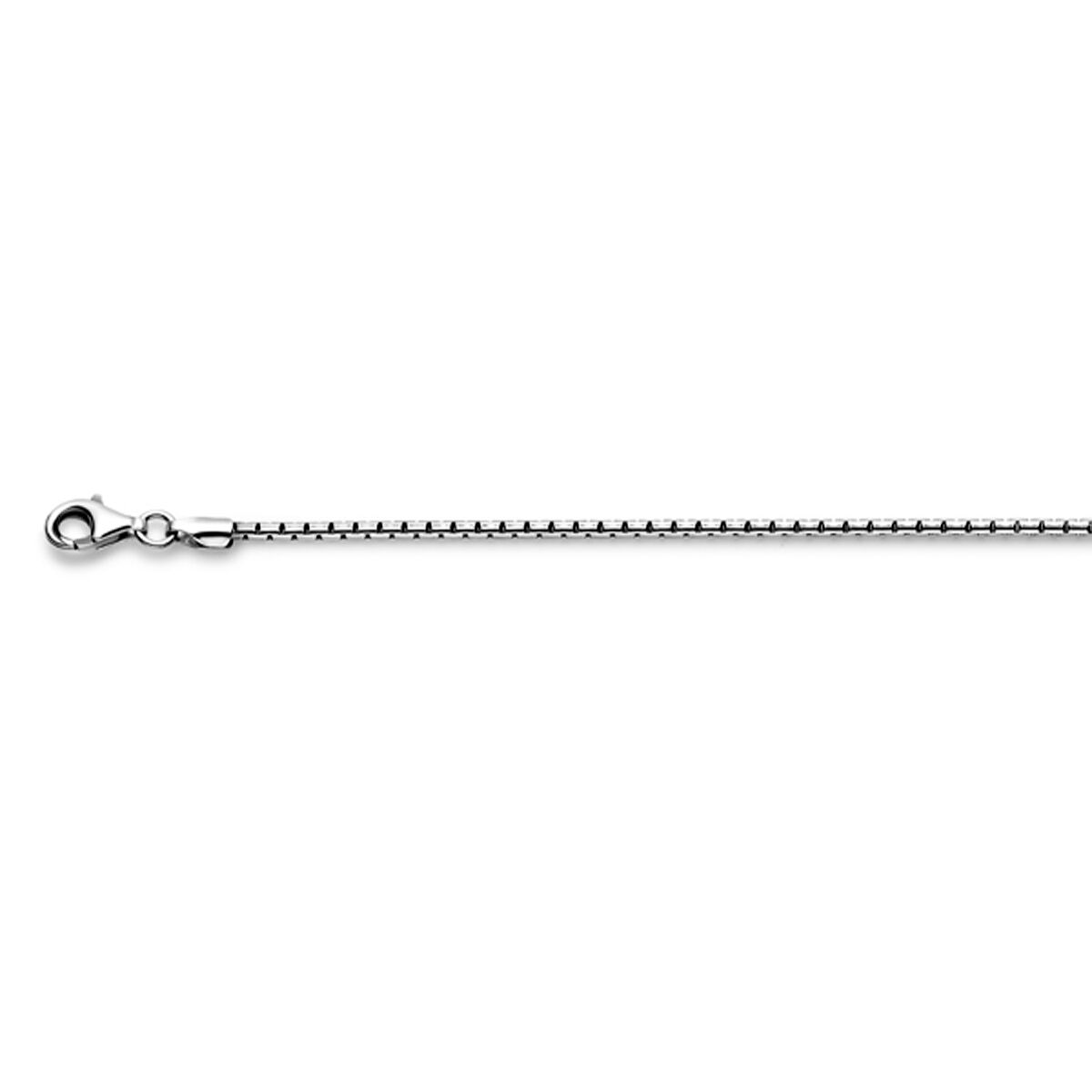 De Van der Kooij Collectie venetiaans 1,6 mm zilver geoxideerd herenketting met kreeftenklauw sluiting wordt horizontaal getoond op een witte achtergrond.