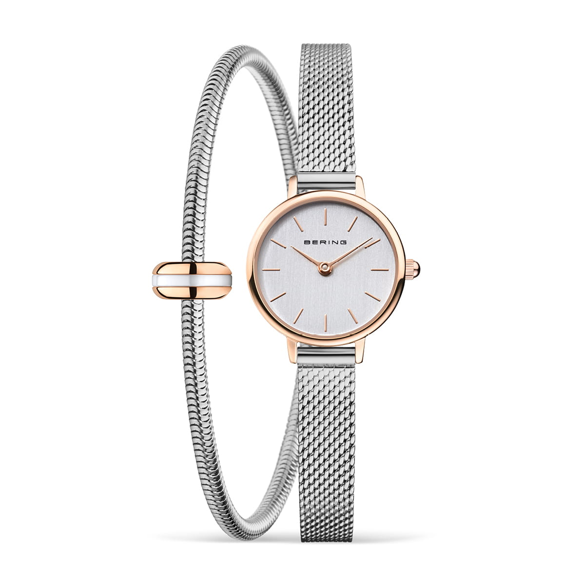 Zilveren horloge met roségouden details en een witte wijzerplaat, gecombineerd met een mesh-band.