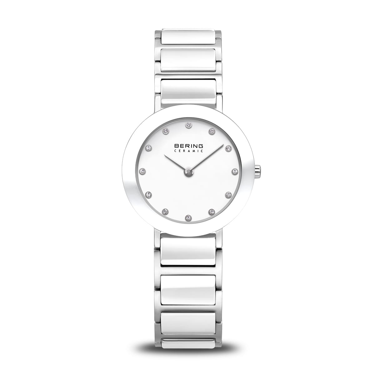 Zilveren horloge met een ronde wijzerplaat en strass-steentjes als indexen.