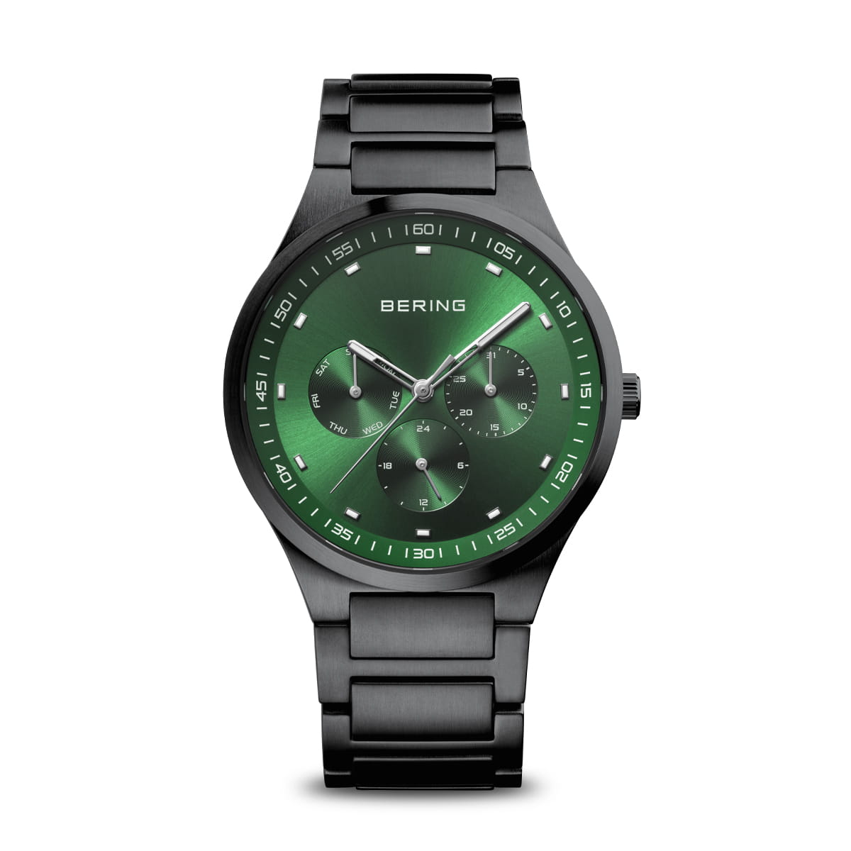 Zwart heren horloge met groene wijzerplaat en chronograaf, metalen schakelband.