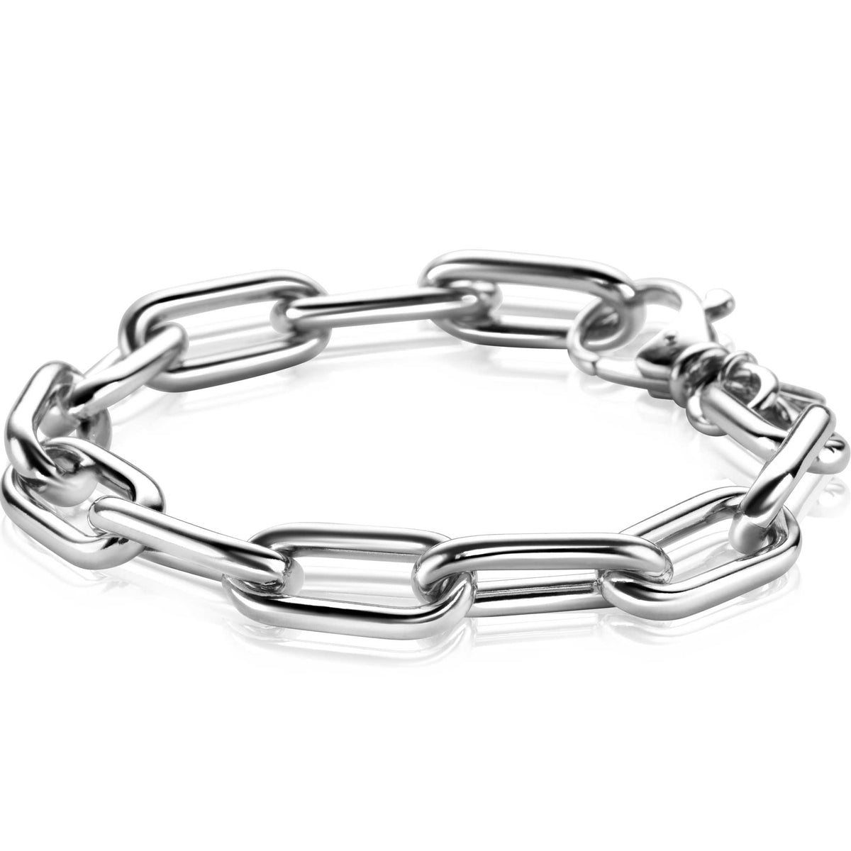 Zilveren armband met schakels in een kettingontwerp en een karabijnsluiting.
