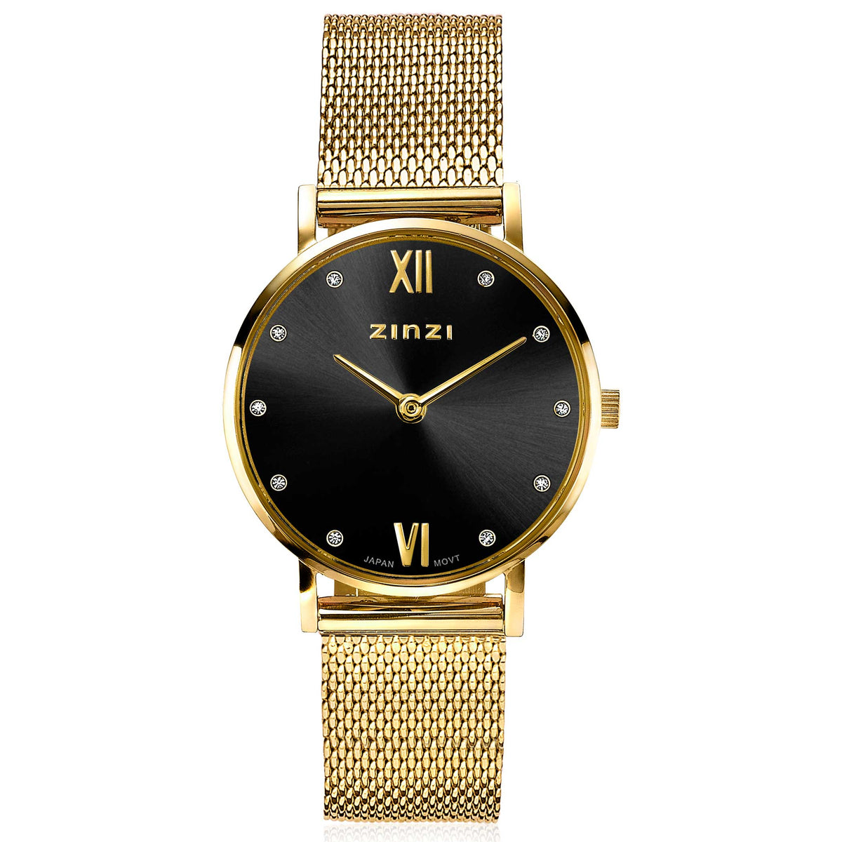 Geelgoudkleurig horloge met zwarte wijzerplaat, mesh-band en strass-steentjes op de urenmarkeringen.