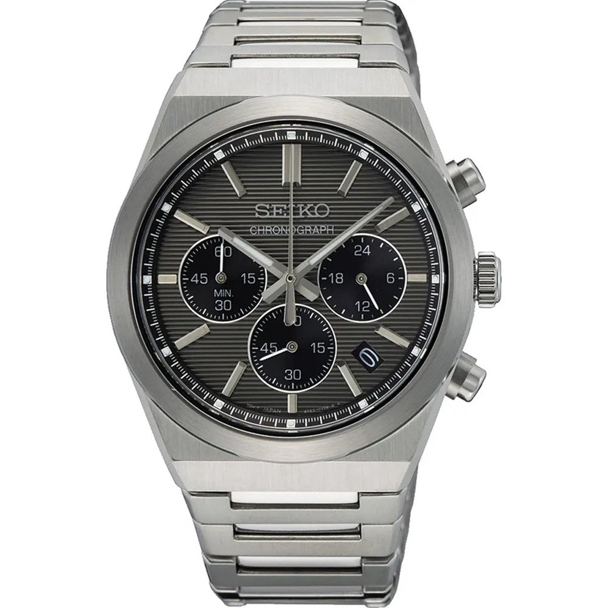 Heren horloge van staal met grijze wijzerplaat, chronograaffunctie en zwarte subdials.