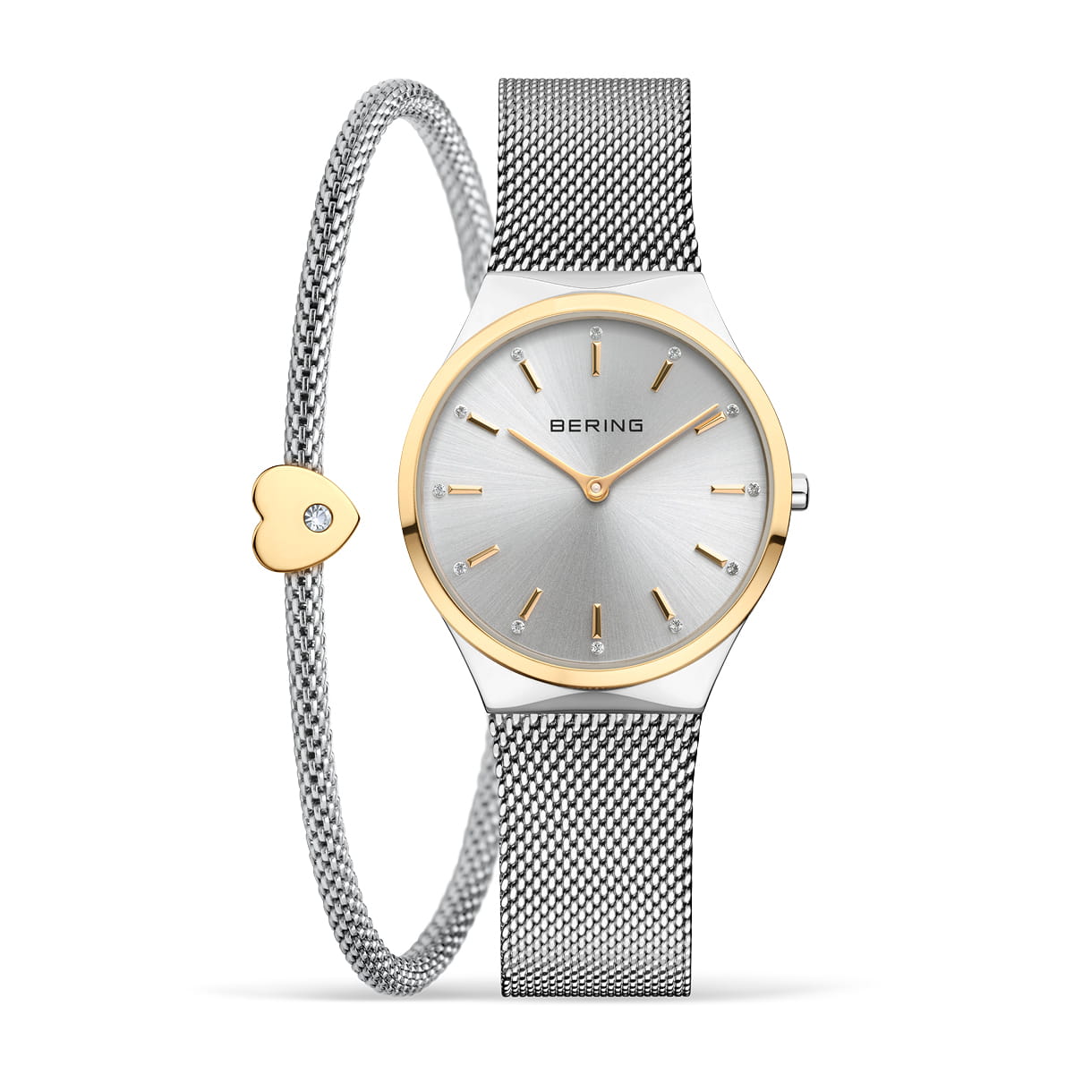 Het Bering horloge (12131-014-GWP) heeft een zilveren mesh band met gouden accenten, een bijpassende armband met een gouden hartbedel en diamant, een minimalistische zilveren wijzerplaat met een quartz uurwerk beschermd door saffierglas en elegante gouden uurmarkeringen.