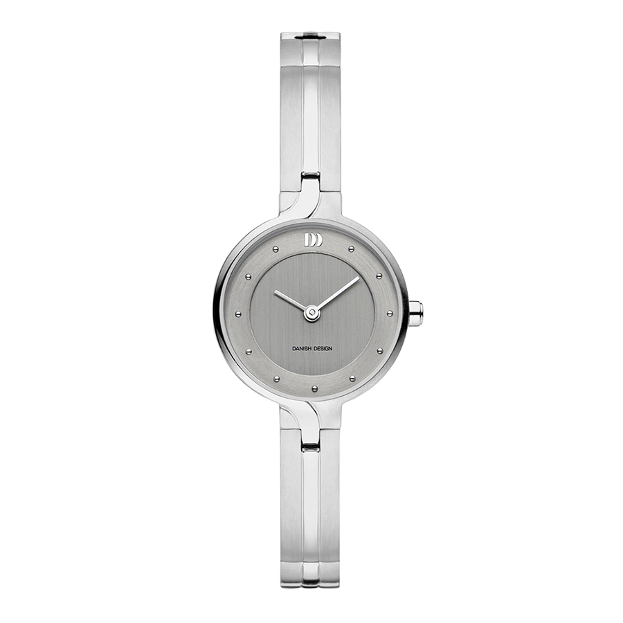 Zilveren horloge met een grijze wijzerplaat en een slanke, glanzende band.