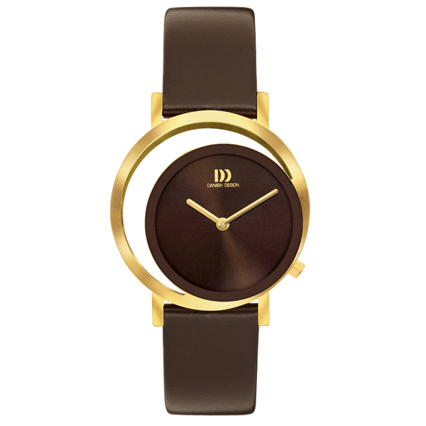 Gouden horloge met een ronde bruine wijzerplaat en een bruine leren band.