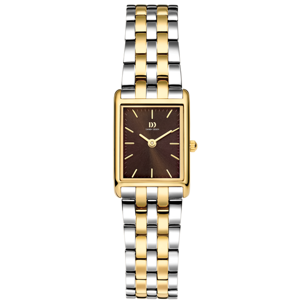 Gouden en zilveren horloge met een rechthoekige kast en een bruine wijzerplaat.