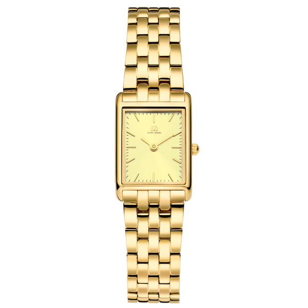 Gouden horloge met rechthoekige kast en een gele wijzerplaat, voorzien van een schakelarmband.