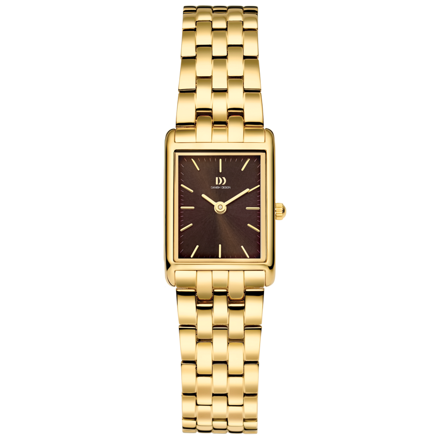 Gouden horloge met rechthoekige kast en chocoladebruine wijzerplaat, voorzien van een schakelband.
