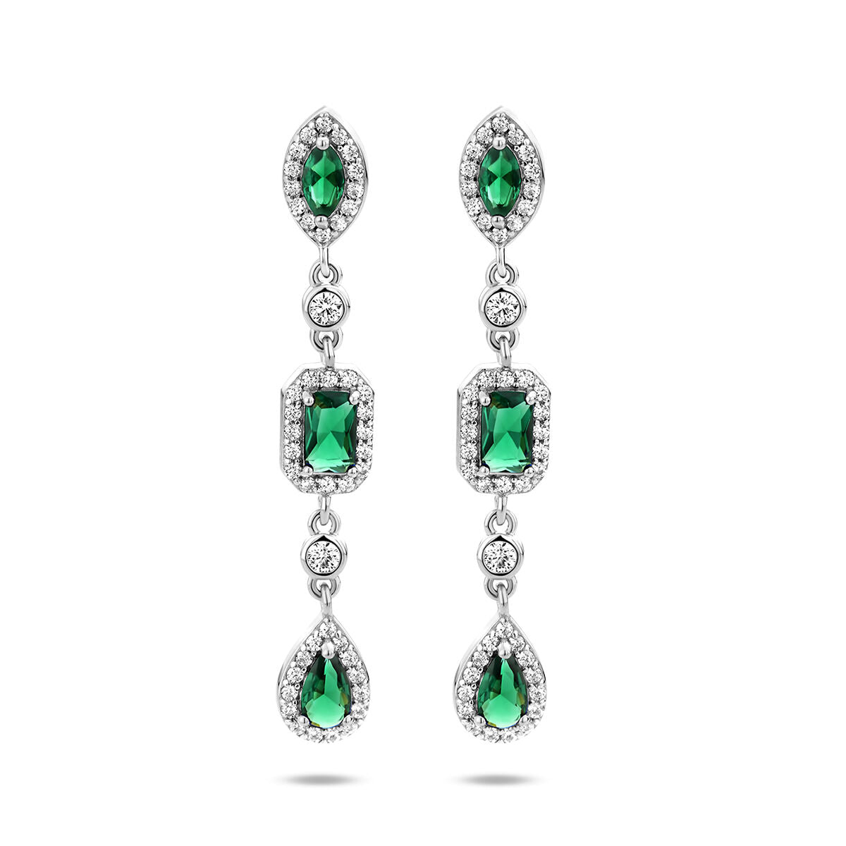 Oorhangers van zilver gerhodineerd met groene en witte zirkonia, in een hangende, druppelvormige stijl.