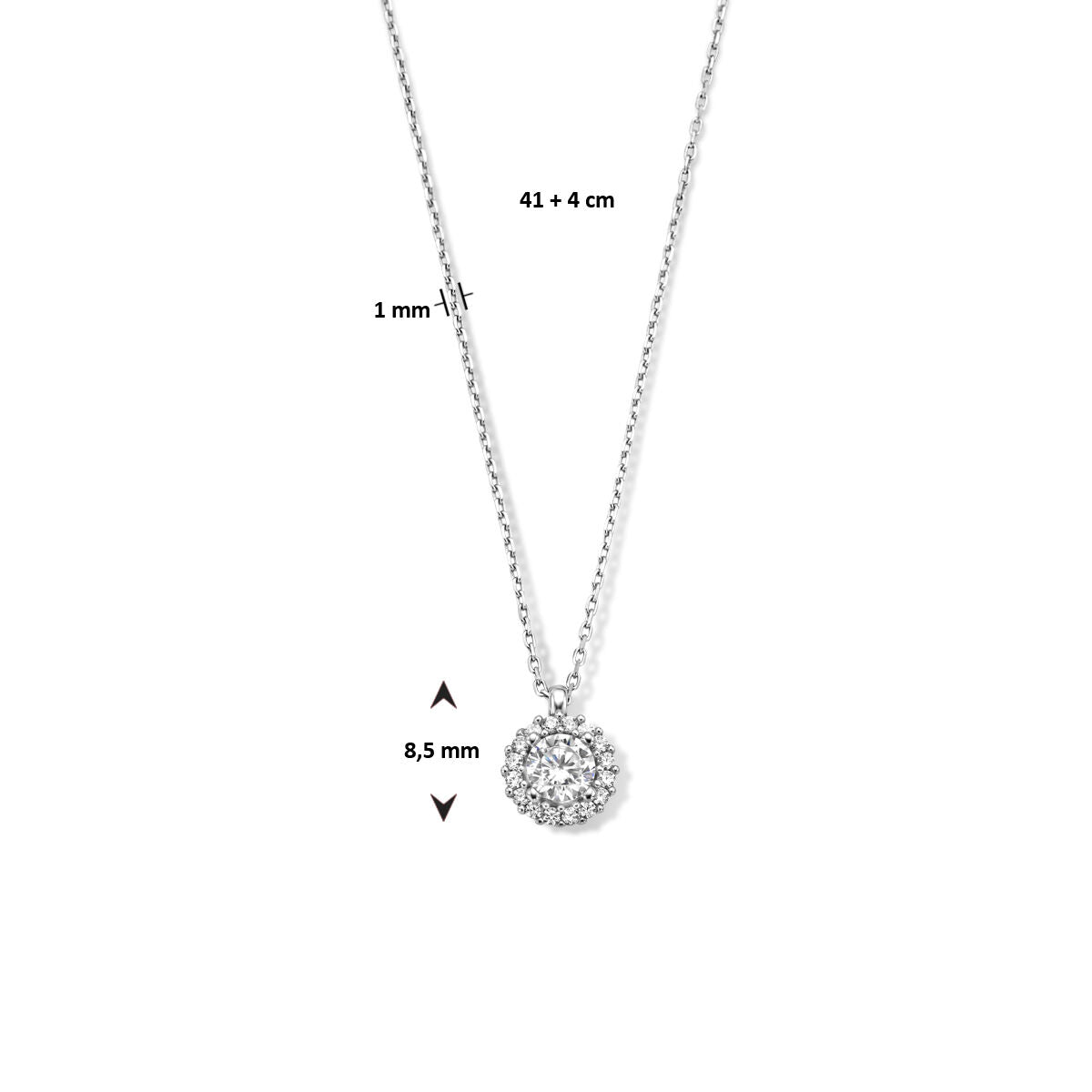 Van der Kooij Collectie collier zirkonia 41 + 4 cm halo, gemaakt van gerhodineerd 925 zilver met ronde zirkonia hanger (8,5 mm). Kettingdikte: 1 mm. Witte achtergrond.