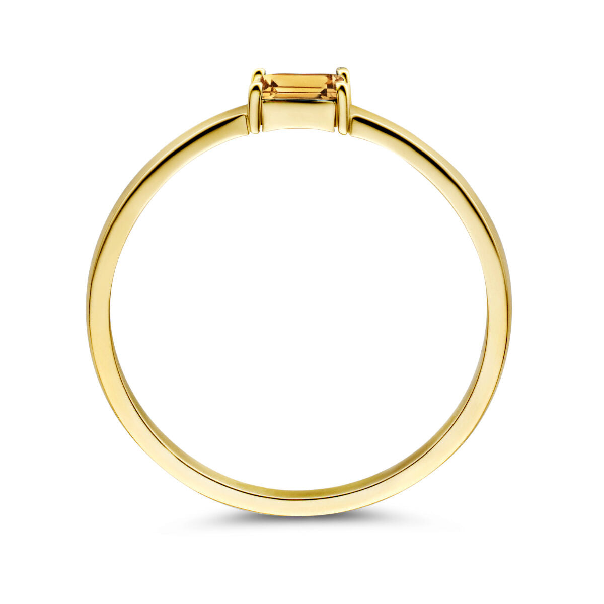 Van der Kooij Collectie ring met geboortesteen citrien november, 14K geelgoud, met een horizontaal gezette baguette citrien aan de bovenzijde, vanaf de zijkant getoond tegen een witte achtergrond.