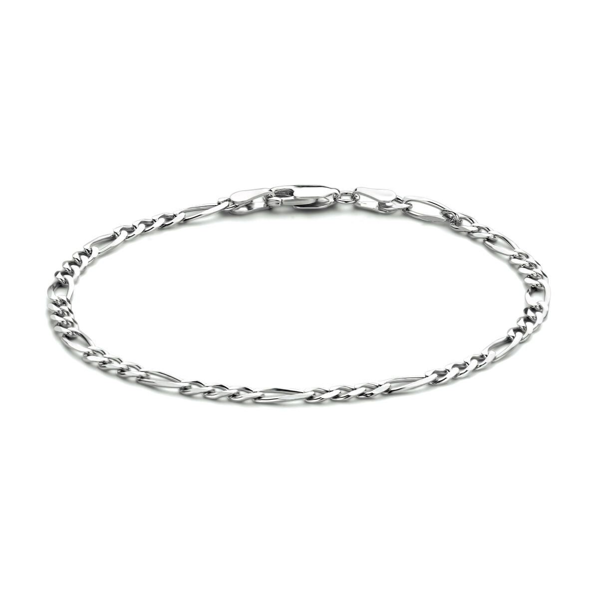 Zilveren gerhodineerde figaroketting van 3,3 mm met een gedraaid ontwerp en een stevige sluiting.