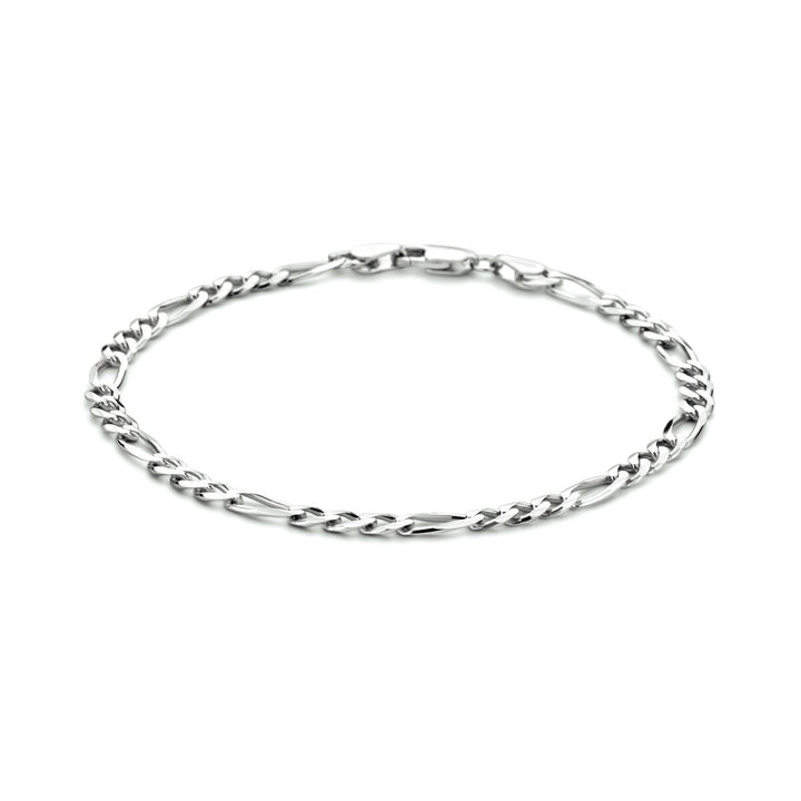 De Van der Kooij Collectie armband figaro 4,0 mm 20 cm is een gerhodineerd zilveren sieraad van 925 zilver met kenmerkende schakels, stijlvol weergegeven in een cirkel op een witte achtergrond.
