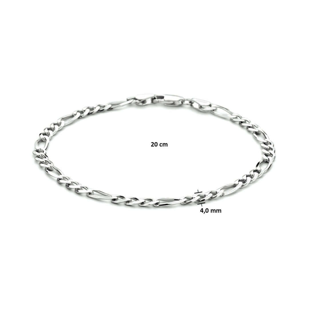 De Van der Kooij Collectie armband figaro 4,0 mm 20 cm zilver gerhodineerd is een stijlvolle armband met verlengde en gedraaide schakels, vervaardigd uit gerhodineerd 925 zilver en mooi gepresenteerd op een witte achtergrond.