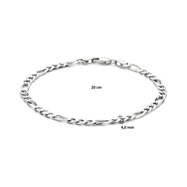 De Van der Kooij Collectie armband figaro 4,0 mm 20 cm zilver gerhodineerd is een stijlvolle armband met verlengde en gedraaide schakels, vervaardigd uit gerhodineerd 925 zilver en mooi gepresenteerd op een witte achtergrond.