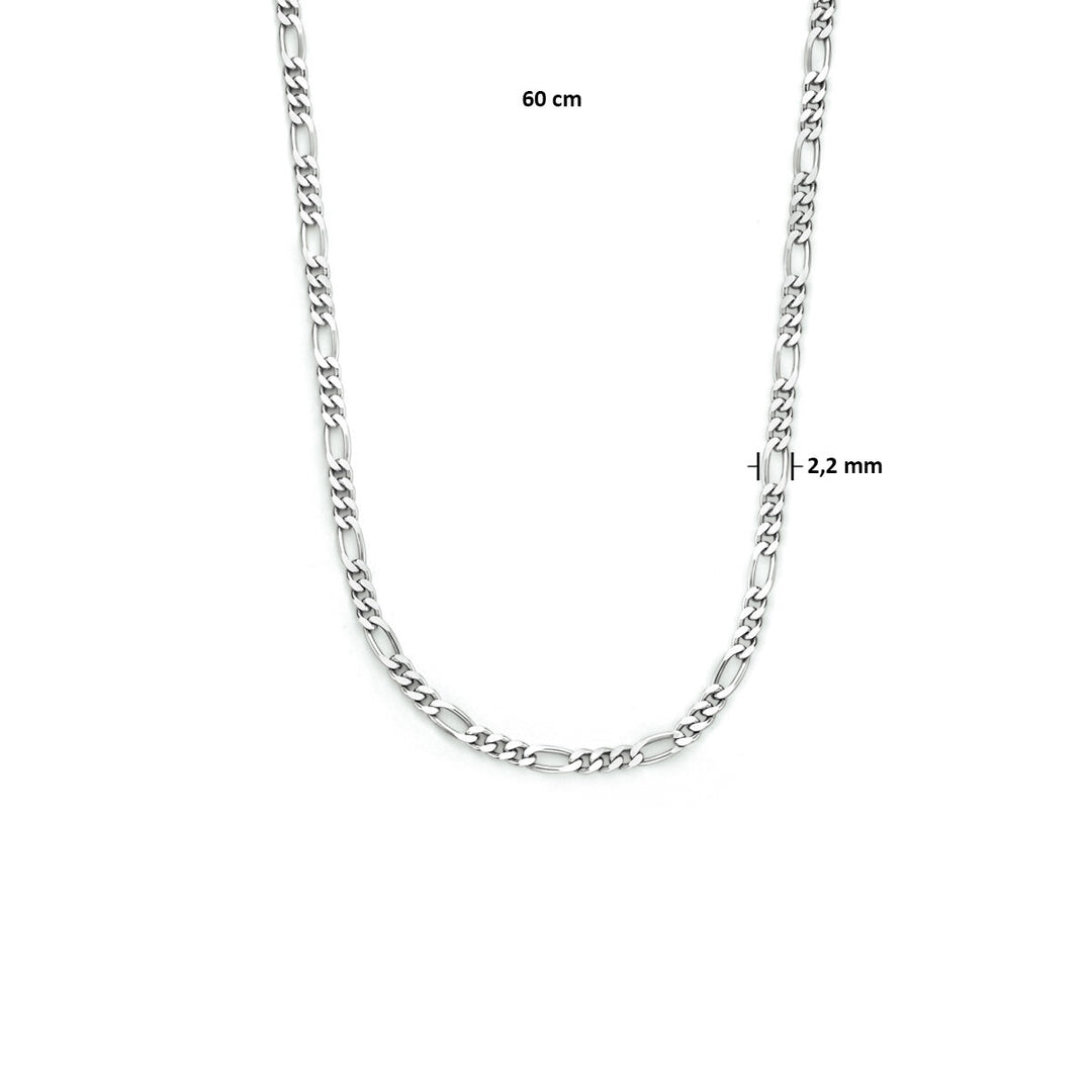 Het collier figaro 2,2 mm zilver gerhodineerd van Van der Kooij Collectie is 60 cm lang, gemaakt van 925 zilver en wordt getoond op een witte achtergrond met duidelijke afmetingen.