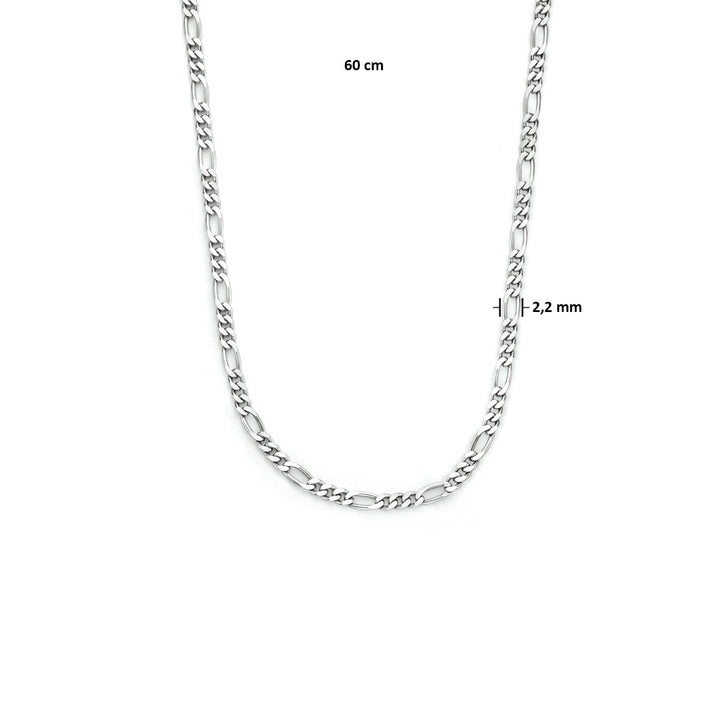 Het collier figaro 2,2 mm zilver gerhodineerd van Van der Kooij Collectie is 60 cm lang, gemaakt van 925 zilver en wordt getoond op een witte achtergrond met duidelijke afmetingen.