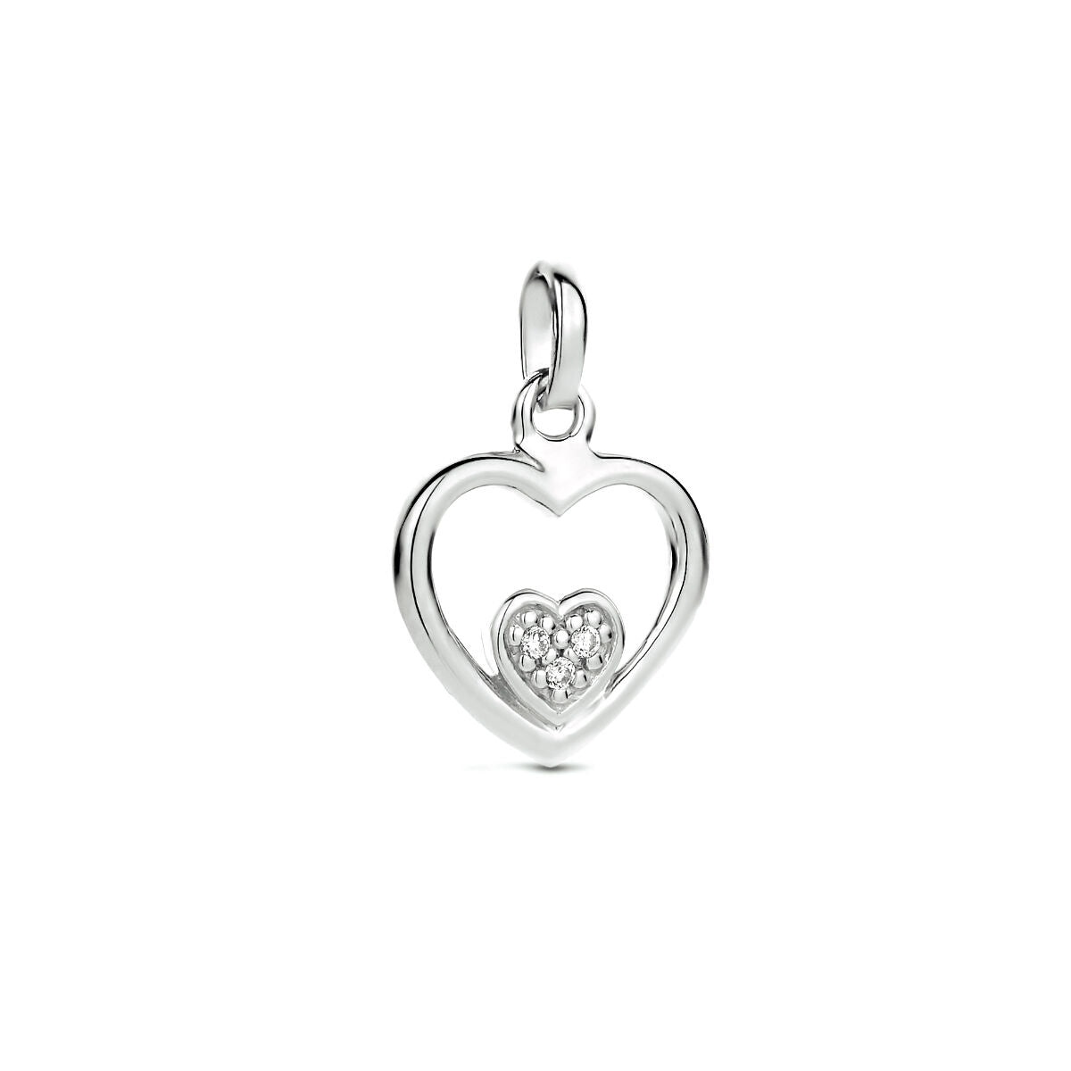 Hanger in de vorm van een hart van gerhodineerd zilver met een kleinere hartvormige zirkonia-inzet.