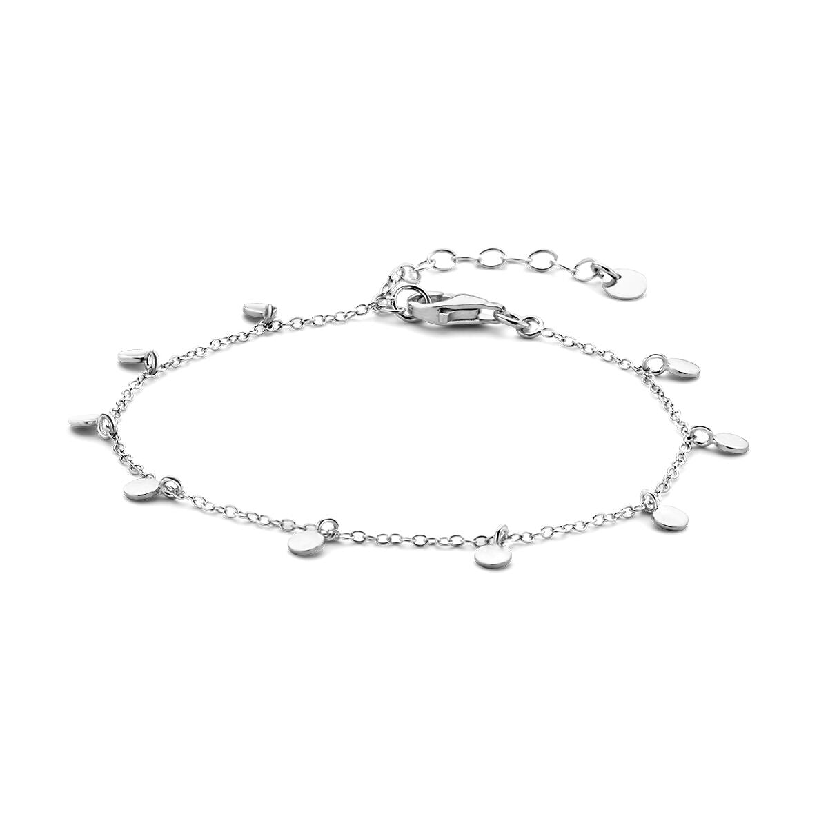 Zilveren gerhodineerde armband met ronde schijfjes, verstelbaar van 16 tot 19 cm.